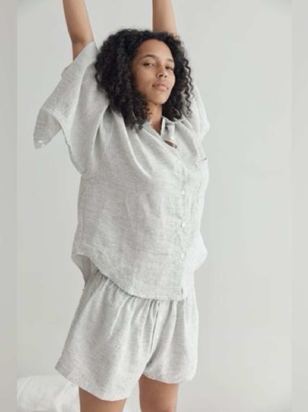 Deiji Studios The 03 Set in Pinstripe French Washed Linen Top & Shorts S/M EUC